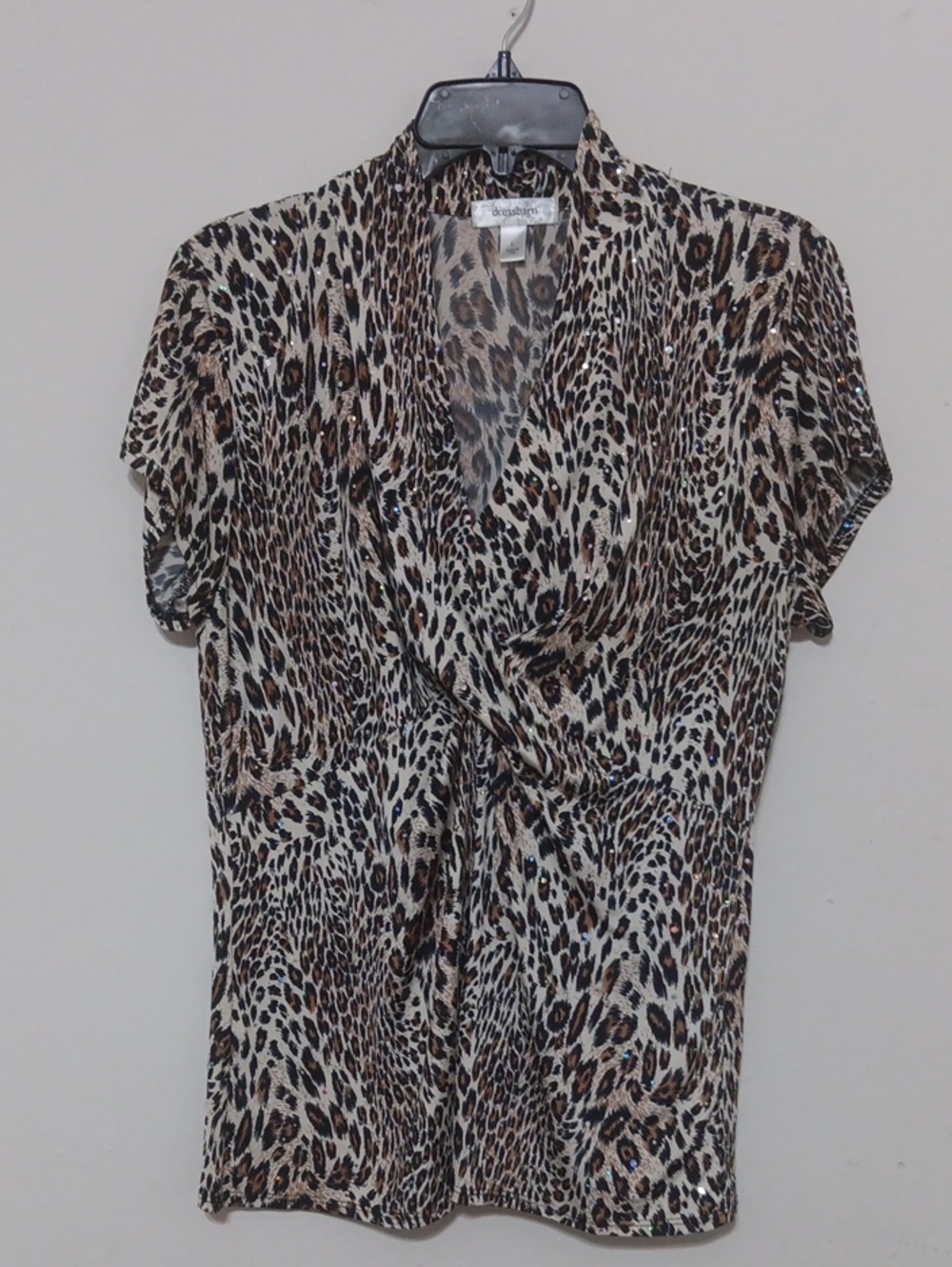 dressbarn Leopard-Print Short Sleeve Wrap Blouse - Brown/Black/Cream